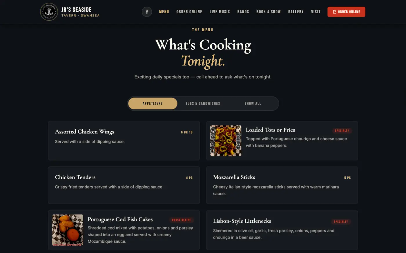 JR's menu section