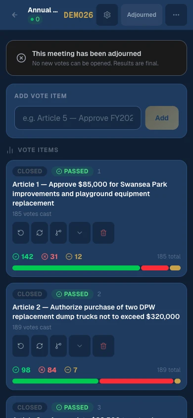 Moderator control panel — live vote results